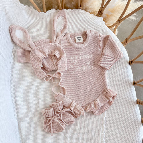 'My First Easter' Long Sleeve Frill Knit Romper Bundle - Pink Lemonade