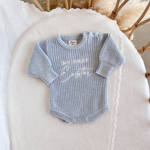 'My First Easter' Long Sleeve Knit Romper - Powder Blue