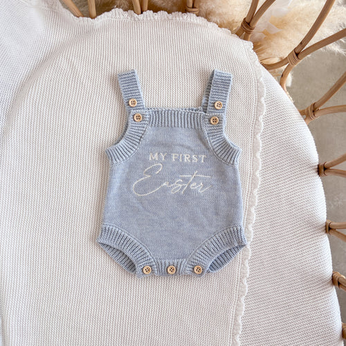 'My First Easter' Singlet Knit Romper - Powder Blue