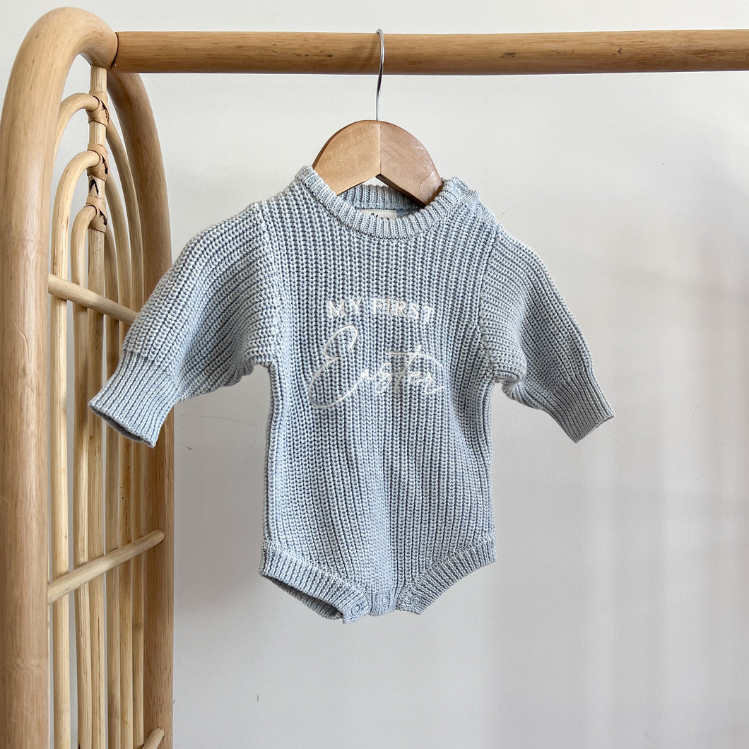 'My First Easter' Long Sleeve Knit Romper - Powder Blue