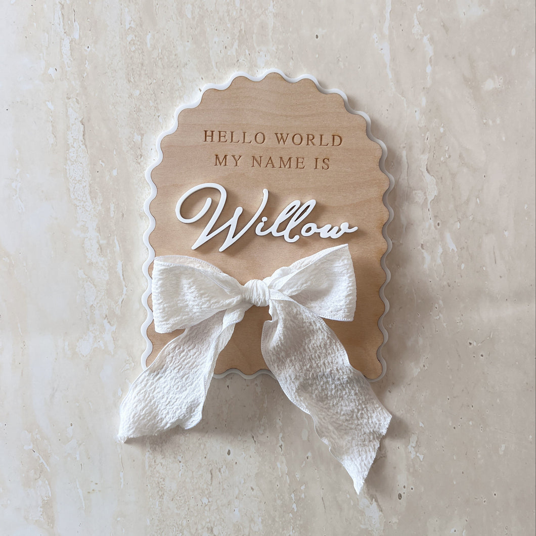 'Hello World My Name Is' Arch Scallop Plaque - Bow