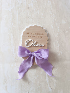 'Hello World My Name Is' Oval Scallop Plaque - Bow