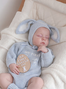 'My First Easter' Long Sleeve Knit Romper Bundle - Powder Blue